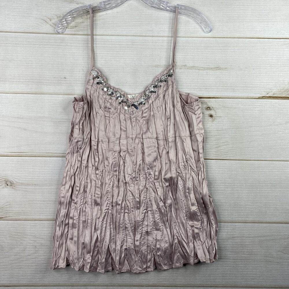 Kenar Top Womens L Pink Crinkle Tank Stretch Sequins Sleeveless Boho Beach Y2K